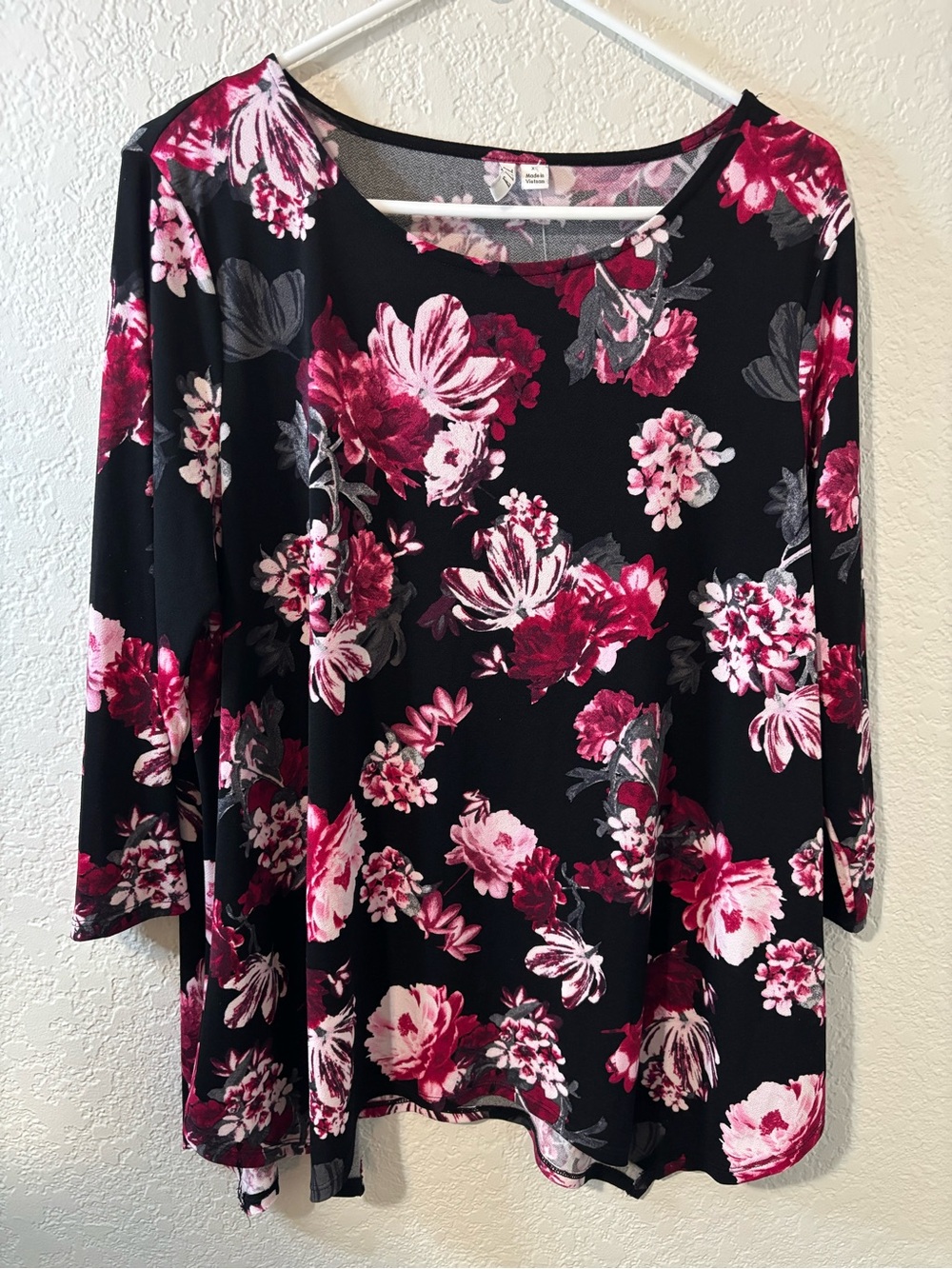 Ellie Rose Magenta Floral Blouse Black XL 3/4 Sleeve Lagenlook Whimsigoth